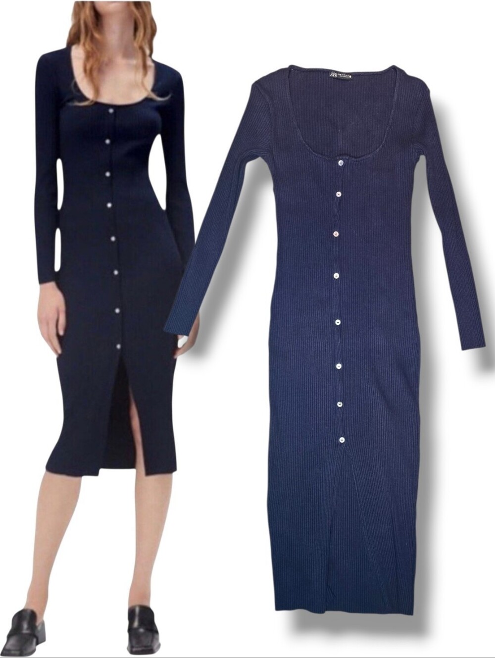 Zara Dark Blue / Navy Ribbed Button-Front Long-Sleeve Midi Dress Size Medium